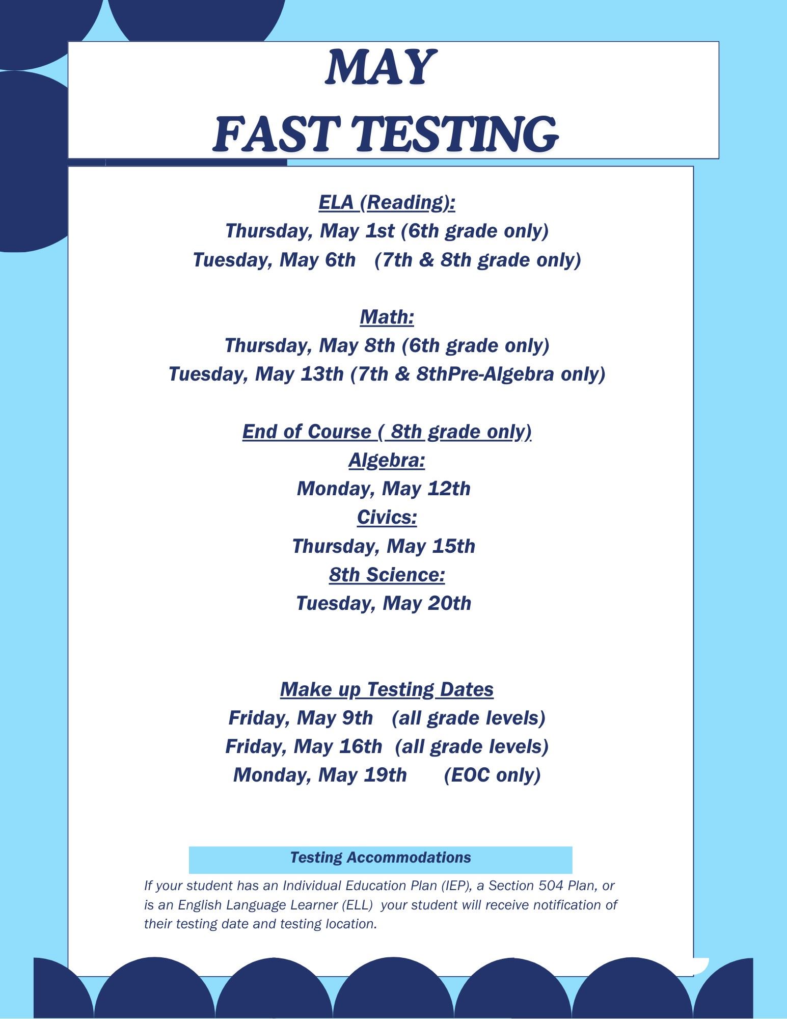  May Testing Dates
